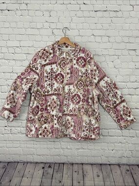 Alfred Dunner Pink, Cream & Brown Patterned Zip-Front Fleece Jacket